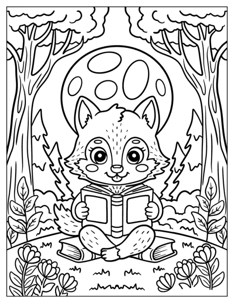 Een nerdy weerwolf leest boeken tussen de bomen.