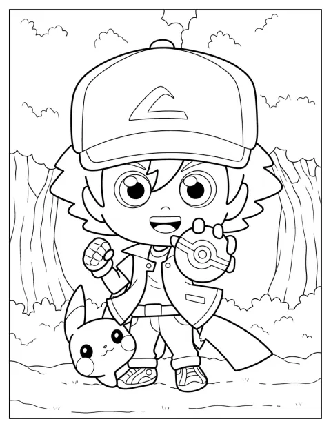 Ash Ketchum v roztomilém stylu chibi pózuje s Pikachu.