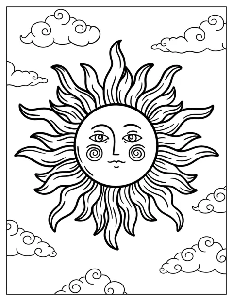 På himlen skinner en detaljeret sol mellem skyerne.