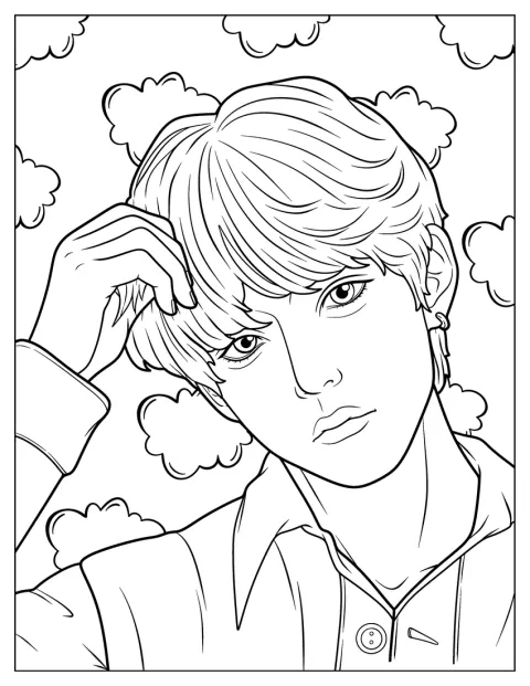 V, de son vrai nom Kim Taehyung, est représenté dans un portrait réaliste.