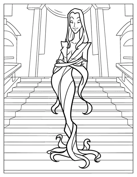 Morticia Addams posa en una gran escalera de la mansión familiar.