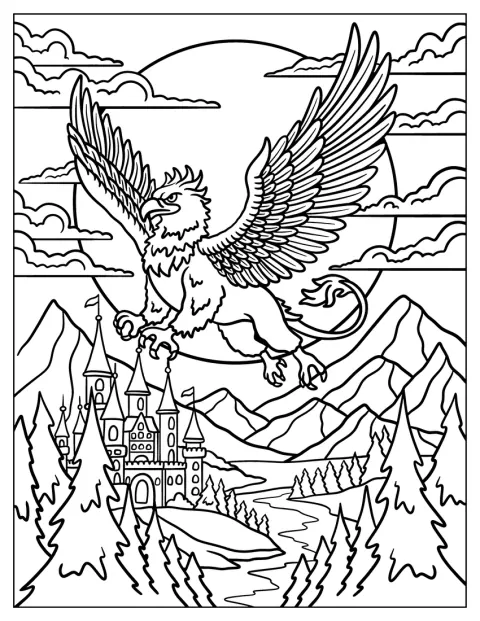 Con las alas extendidas, un grifo vuela sobre un río, un castillo y montañas.