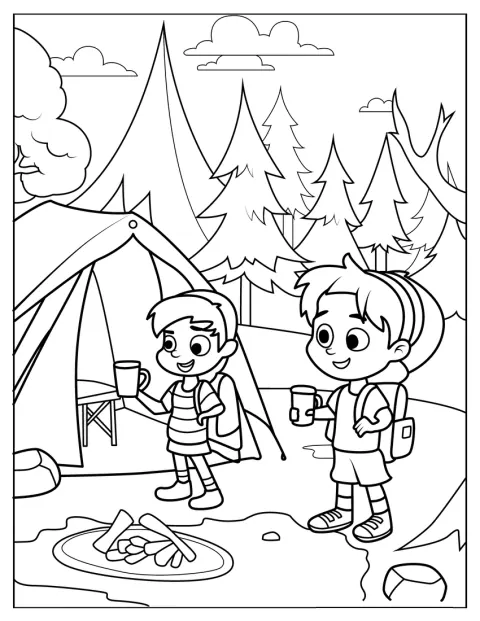 Doi copii țin căni în mâini într-un loc de campare.