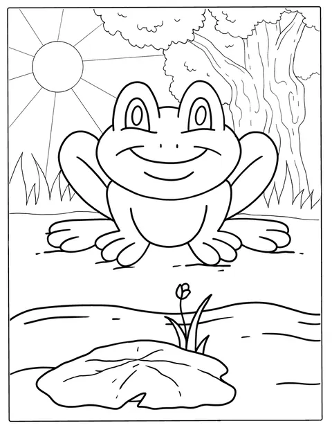 Een lachende tekenfilmkikker zit met zijn poten naar buiten.