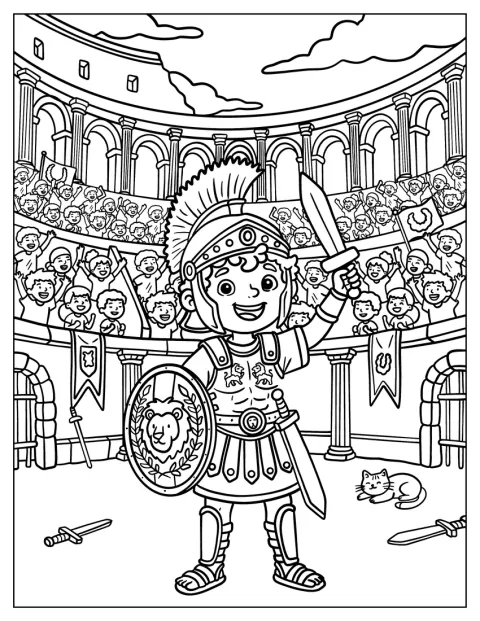 Un simpático gladiador posa de pie dentro del Coliseo.