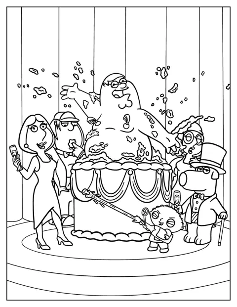 Peter Griffin sale de una tarta durante una celebración.