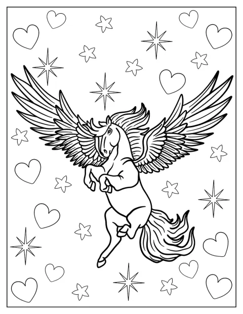 En pegasus står med sine store vinger bredt ud.