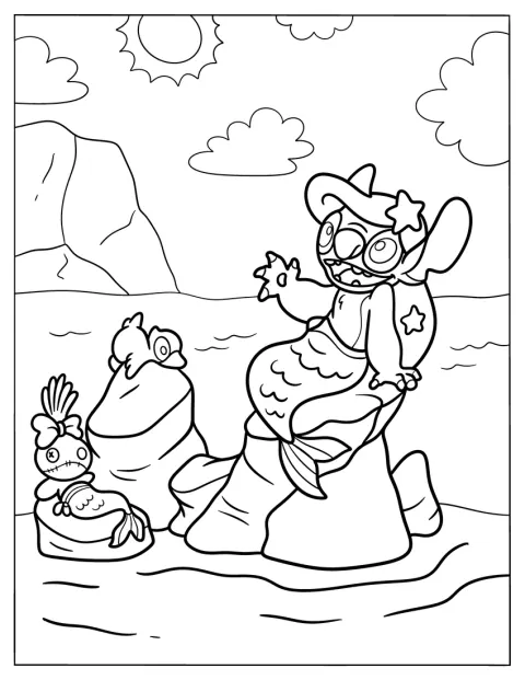 Stitch poserer som havfrue på klipper med lekene sine.