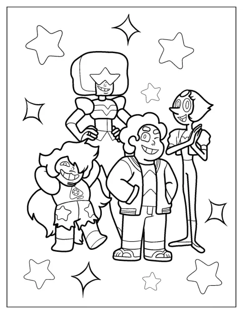 Steven Universe står sammen med Garnet, Amethyst og Pearl.