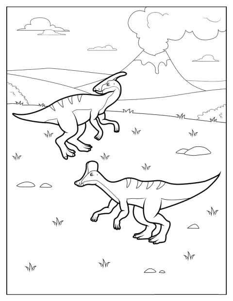 Doi parasaurolofuși tineri stau unul lângă altul.