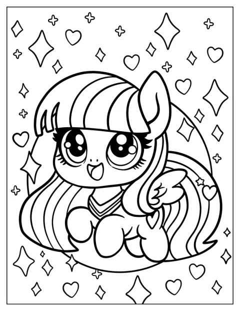 Twilight Sparkle apare cu trăsături kawaii și o expresie adorabilă.