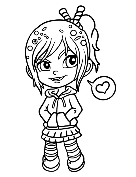 Vanellope hymyilee sydän kädessään.