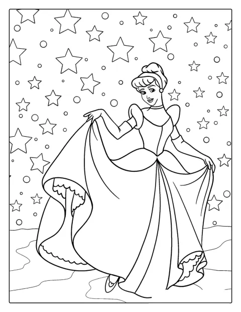 Cenicienta posa en un dibujo de contornos sencillos.