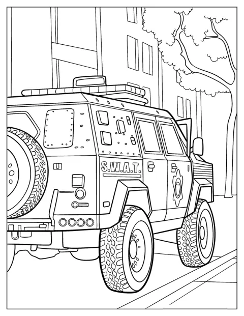 Un veicolo blindato della SWAT è raffigurato di profilo.