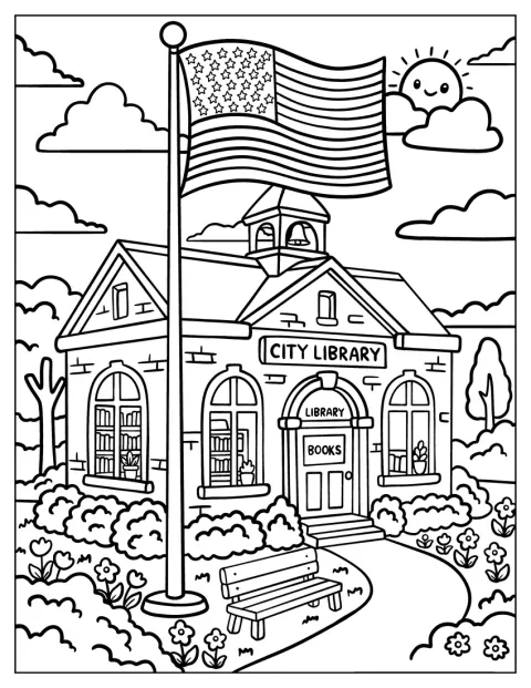Flaga USA powiewa przed miejską biblioteką.