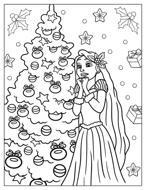Rapunzel står ved siden af et pyntet juletræ.