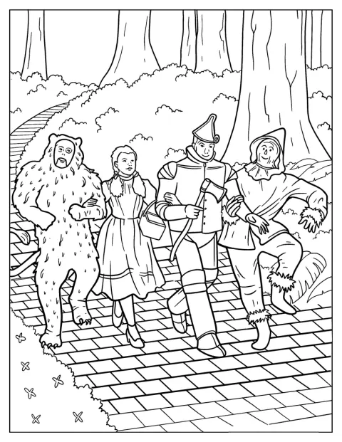 Wizard Of Oz Coloring Page Of Cowardly Lion, Dorothy, Tin Man, And Scarecrow Skipping On Yellow Brick Road