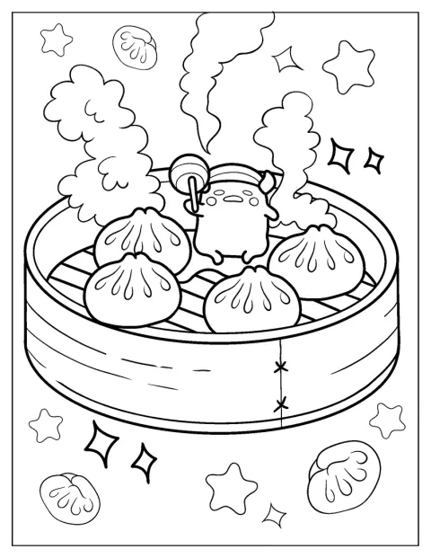 Gudetama está acompañado de unos bollos humeantes.
