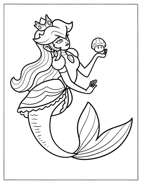 Mermaid Coloring Page Princess Peach Holding a Tiny Toad