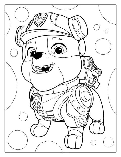 Rubble från Paw Patrol står redo med sin hjälm och uniform.
