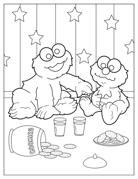 Baby Cookie Monster ed Elmo condividono biscotti e latte.