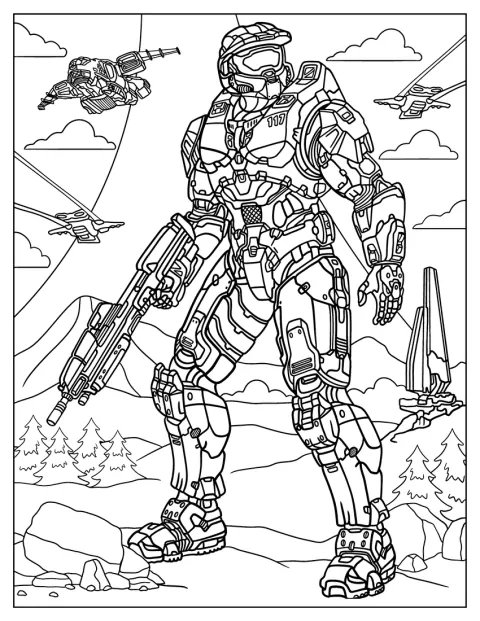 Master Chief seisoo taistelukentällä, kun ilmalaivat lentävät taivaalla.