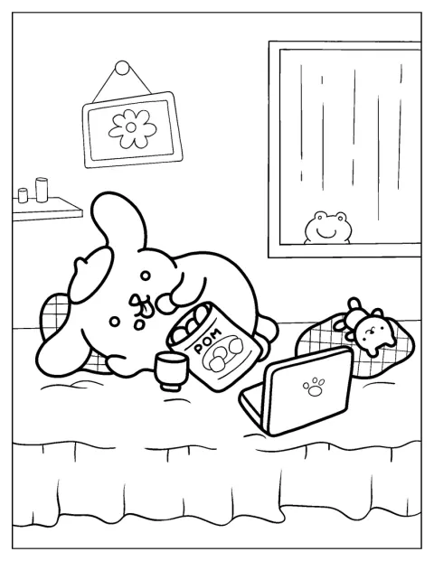 Zu Hause knabbert Pompompurin eine Tüte Chips.