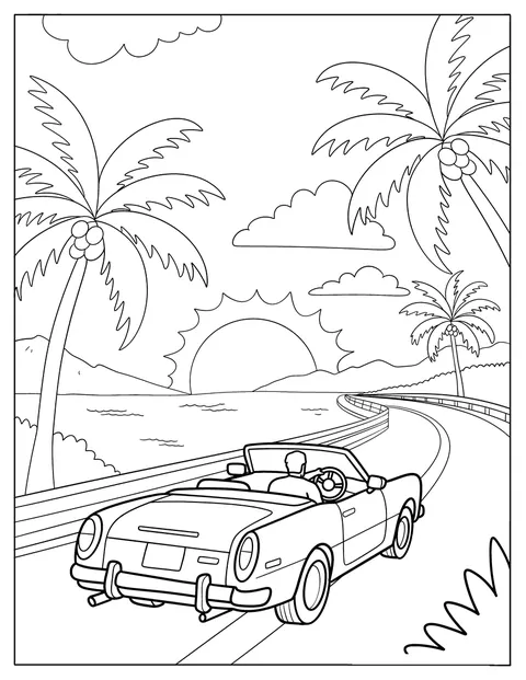 Summer Coloring Page of Road Trip in a Convertible by the Ocean at Sunset
