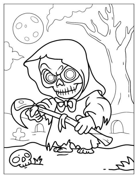 Mały Ponury Żniwiarz w stylu chibi pojawia się w halloweenowej scenerii.