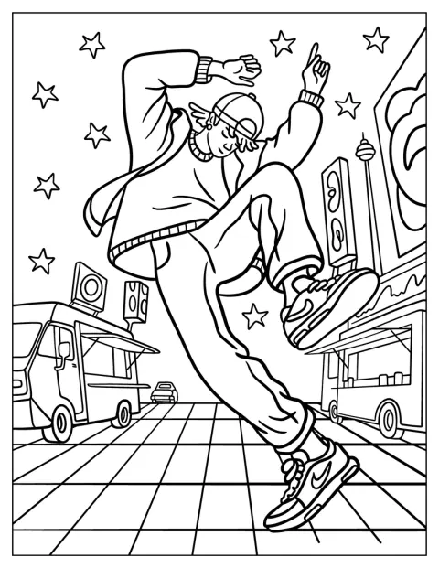 En ville, un danseur en sweat ample et baskets groove avec énergie.