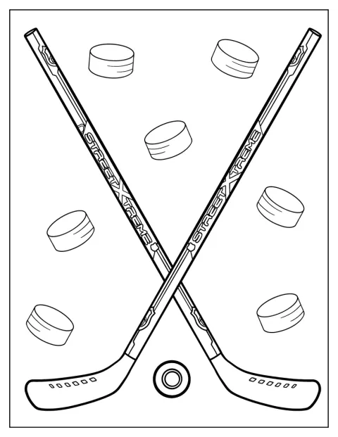 Două crose de hochei stau alături, cu pucuri în fundal.