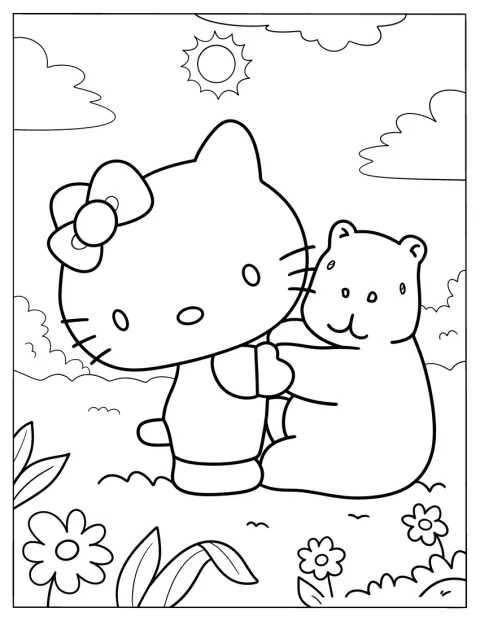 Hello Kitty geeft een capibara een stevige knuffel.