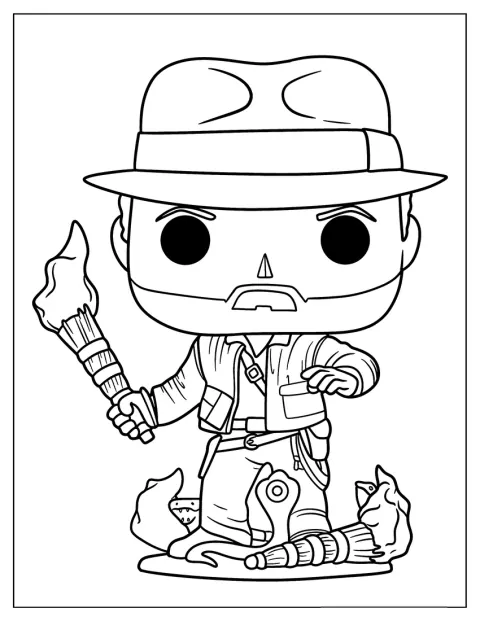 Funko Pop Indiana Jones égő fáklyát tart egy sötét helyen.