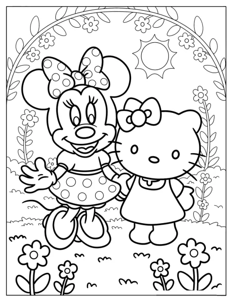 Hello Kitty och Mimmi Pigg står bland blommor.