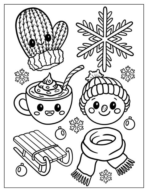 Un fiocco di neve kawaii, un pupazzo, una slitta e una sciarpa creano una scena invernale.