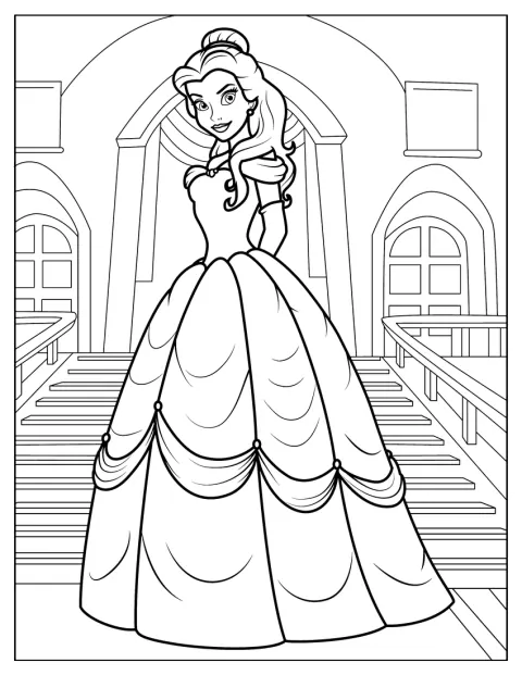 La princesse Belle apparaît dans sa robe de bal.