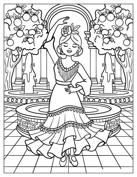 En flamencodanser optræder på en solrig plads med springvand.