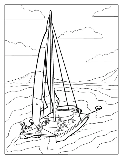 Un catamaran équipé de voiles avance sur l’eau.