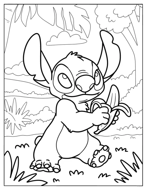 Stitch kuorii banaania metsäisessä ympäristössä.