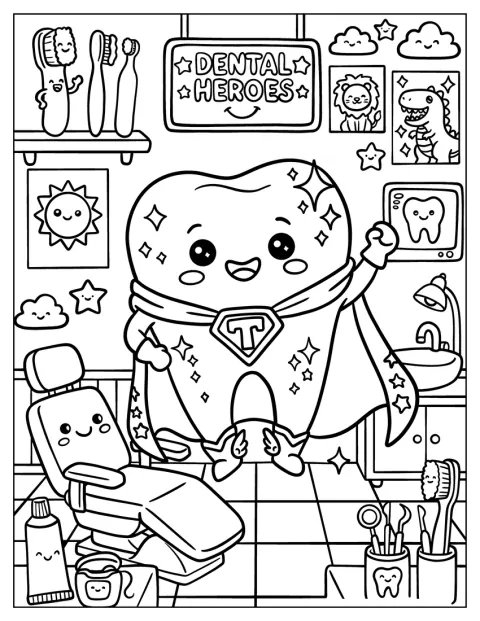 Un diente vestido de superhéroe posa en una clínica dental.