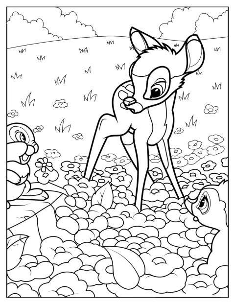 Kukkaniityllä Bambi juttelee Thumperin sisarille.