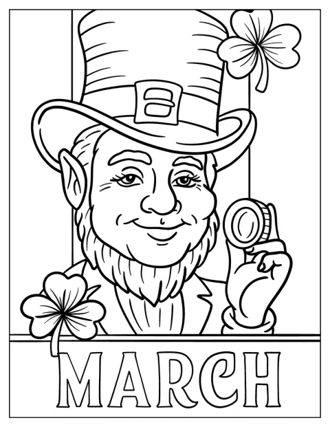Un leprechaun ridică o monedă de aur lângă cuvântul „martie”.