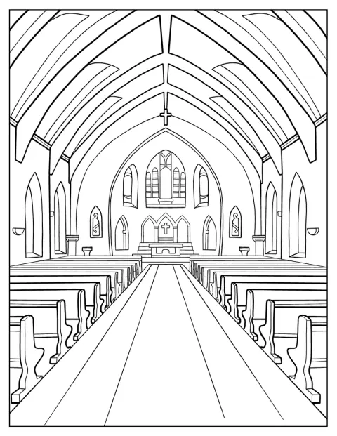 Binnen in een katholieke kerk zie je versierde pilaren en kerkbanken.