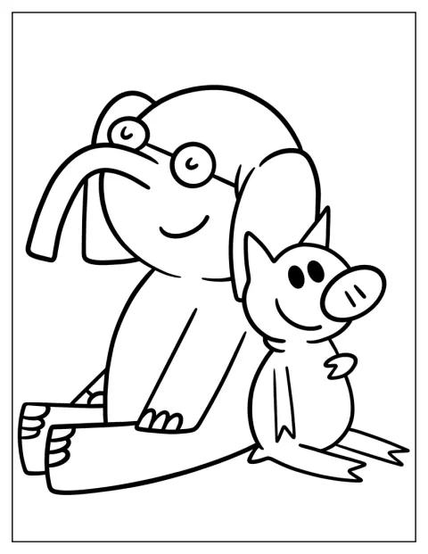Gerald l’elefante e Piggie siedono l’uno accanto all’altra.