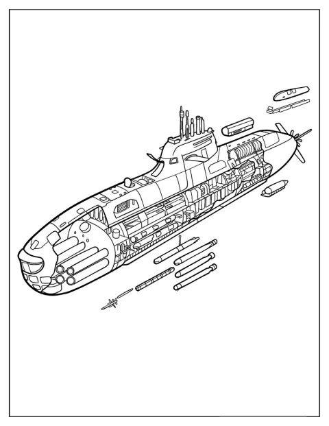 Un esquema muestra las piezas y el interior de un submarino.