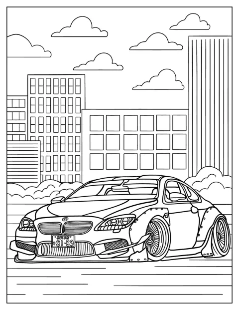 BMW M6 stoi przed miejskimi budynkami.