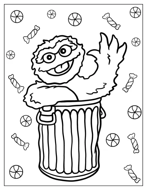 Oscar the Grouch vinkar glatt från sin soptunna.