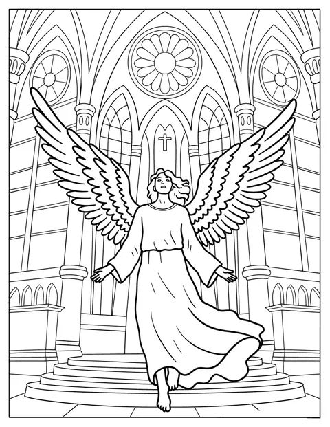 En detaljert engel med store vinger står inne i en katedral.
