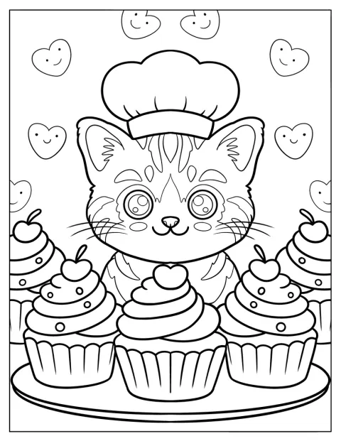 Egy csíkos cirmos macska mosolyog a cseresznyés cupcake-ekre nézve.