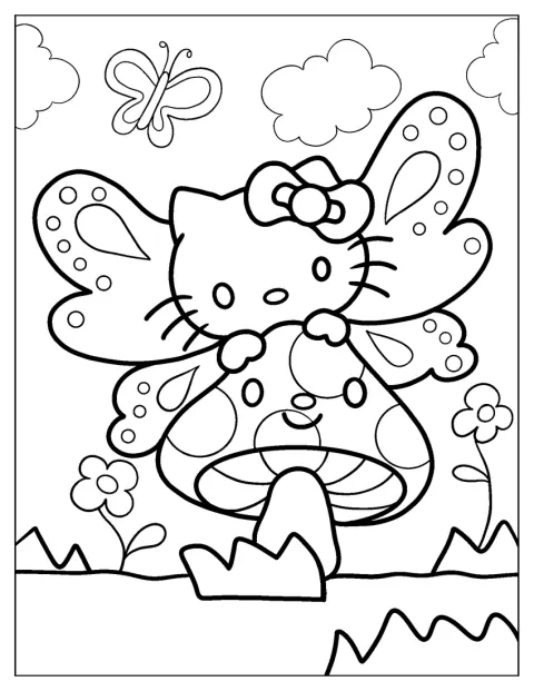 Hello Kitty mit Schmetterlingsflügeln umarmt einen Pilz.